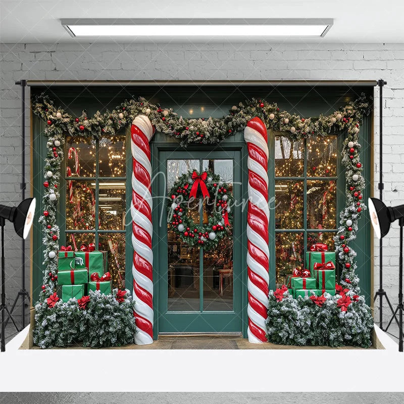Aperturee - Aperturee Christmas Storefront Backdrop Candy Cane Wreath Shop Window Background Winter Snow Toy Store Holiday Party Decoration