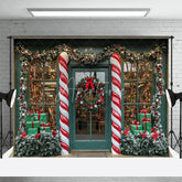 Aperturee - Aperturee Christmas Storefront Backdrop Candy Cane Wreath Shop Window Background Winter Snow Toy Store Holiday Party Decoration