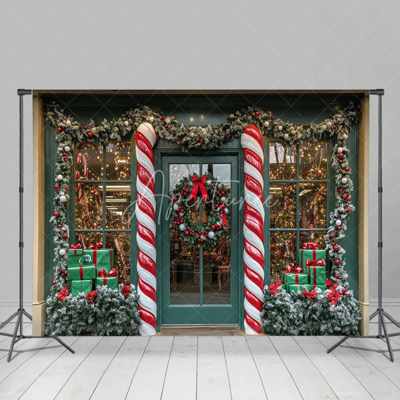 Aperturee - Aperturee Christmas Storefront Backdrop Candy Cane Wreath Shop Window Background Winter Snow Toy Store Holiday Party Decoration