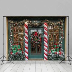 Aperturee - Aperturee Christmas Storefront Backdrop Candy Cane Wreath Shop Window Background Winter Snow Toy Store Holiday Party Decoration