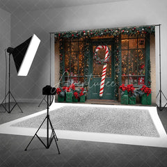 Aperturee - Aperturee Christmas Storefront Backdrop Holiday Window Display Candy Cane Wreath Toy Shop Photo Props