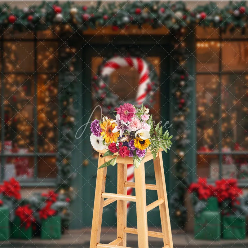 Aperturee - Aperturee Christmas Storefront Backdrop Holiday Window Display Candy Cane Wreath Toy Shop Photo Props
