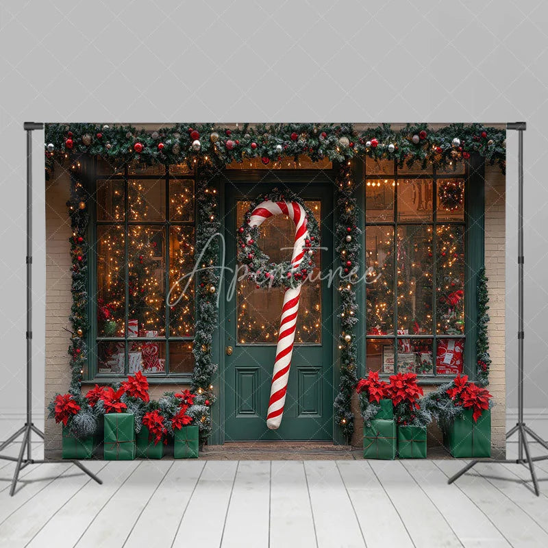 Aperturee - Aperturee Christmas Storefront Backdrop Holiday Window Display Candy Cane Wreath Toy Shop Photo Props