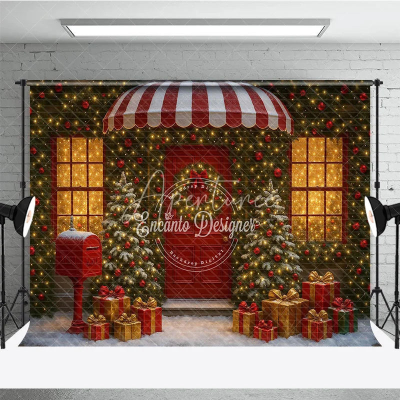Aperturee - Aperturee Christmas Storefront Photography Backdrop Festive Red Door with Fairy Lights Snowy Holiday Photo Background