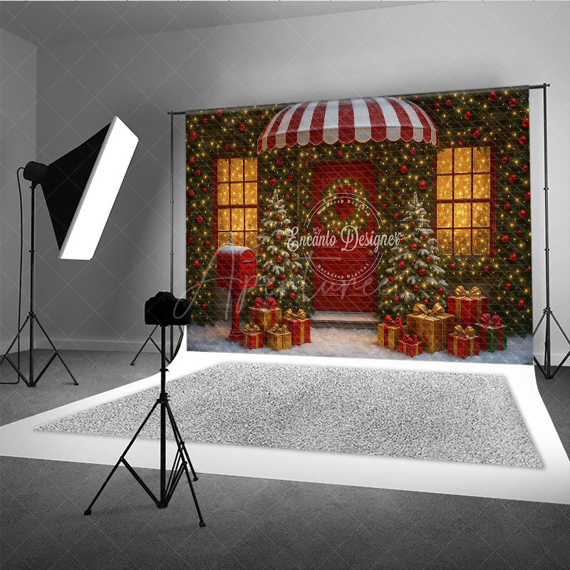 Aperturee - Aperturee Christmas Storefront Photography Backdrop Festive Red Door with Fairy Lights Snowy Holiday Photo Background