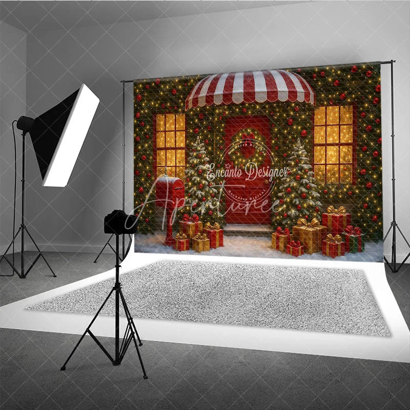 Aperturee - Aperturee Christmas Storefront Photography Backdrop Festive Red Door with Fairy Lights Snowy Holiday Photo Background