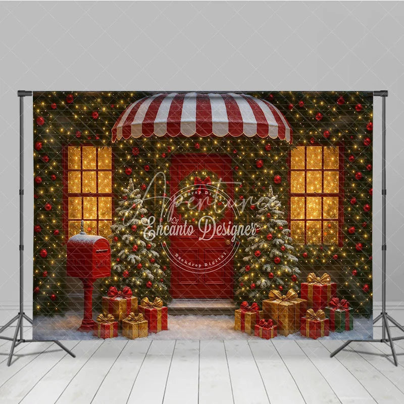 Aperturee - Aperturee Christmas Storefront Photography Backdrop Festive Red Door with Fairy Lights Snowy Holiday Photo Background