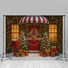Aperturee - Aperturee Christmas Storefront Photography Backdrop Festive Red Door with Fairy Lights Snowy Holiday Photo Background