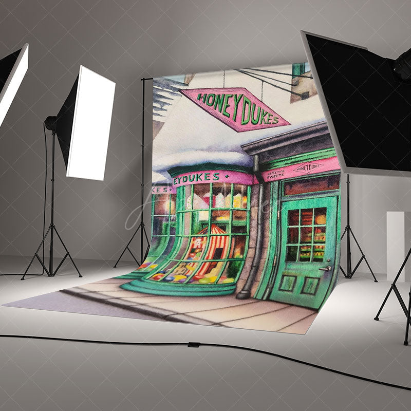 Aperturee Aperturee Christmas Sweet Shop Photography Backdrop Magical Candy Store in a Snowy Village Fantasy Wizard Themed Decor