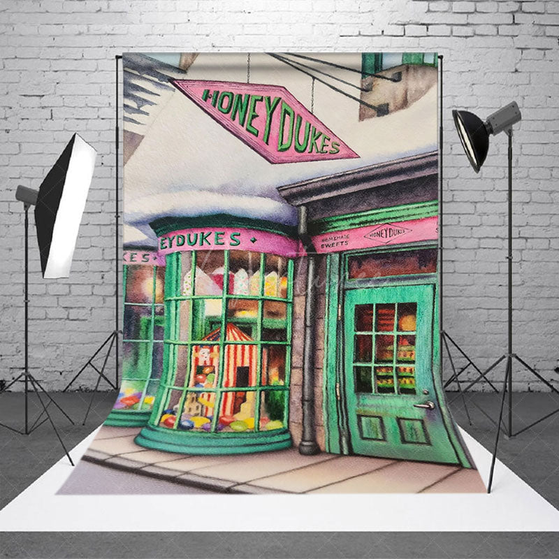 Aperturee Aperturee Christmas Sweet Shop Photography Backdrop Magical Candy Store in a Snowy Village Fantasy Wizard Themed Decor