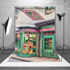 Aperturee Aperturee Christmas Sweet Shop Photography Backdrop Magical Candy Store in a Snowy Village Fantasy Wizard Themed Decor