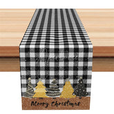 Aperturee - Aperturee Christmas Table Runner Black and White Buffalo Plaid Gold Trees Farmhouse Holiday Table Decor