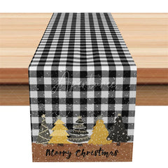 Aperturee - Aperturee Christmas Table Runner Black and White Buffalo Plaid Gold Trees Farmhouse Holiday Table Decor