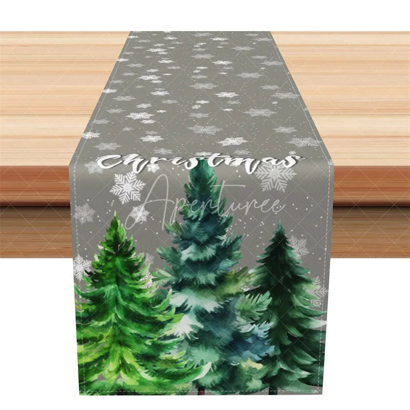 Aperturee - Aperturee Christmas Table Runner Grey Runner with Snowflakes Watercolor Pine Trees Holiday Table Decor