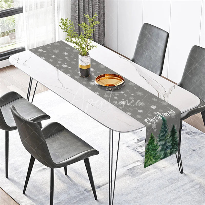 Aperturee - Aperturee Christmas Table Runner Grey Runner with Snowflakes Watercolor Pine Trees Holiday Table Decor