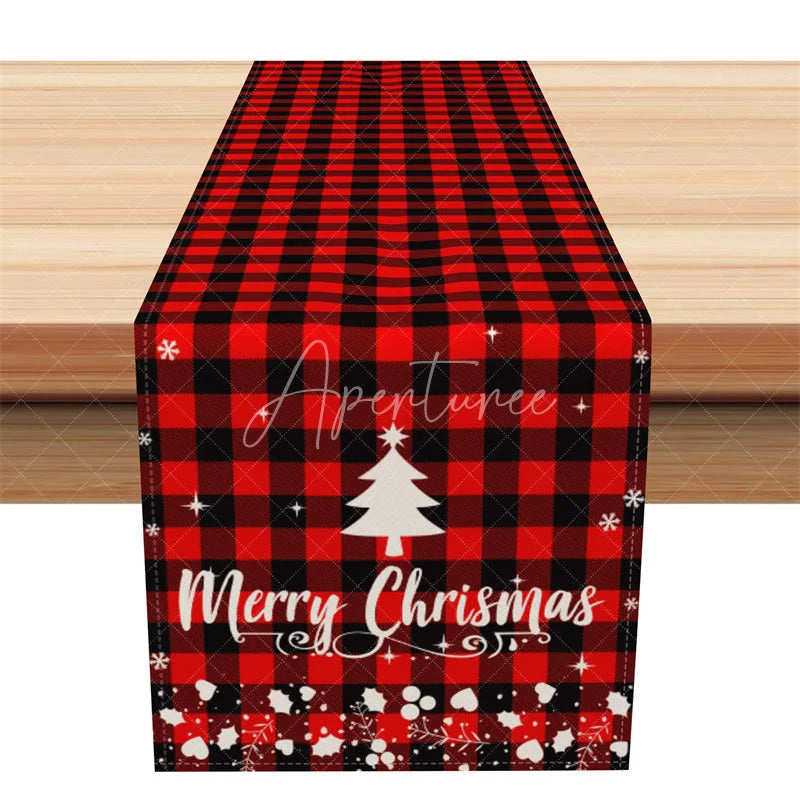 Aperturee - Aperturee Christmas Table Runner Red Buffalo Plaid Check Merry Christmas White Tree Farmhouse Table Decor