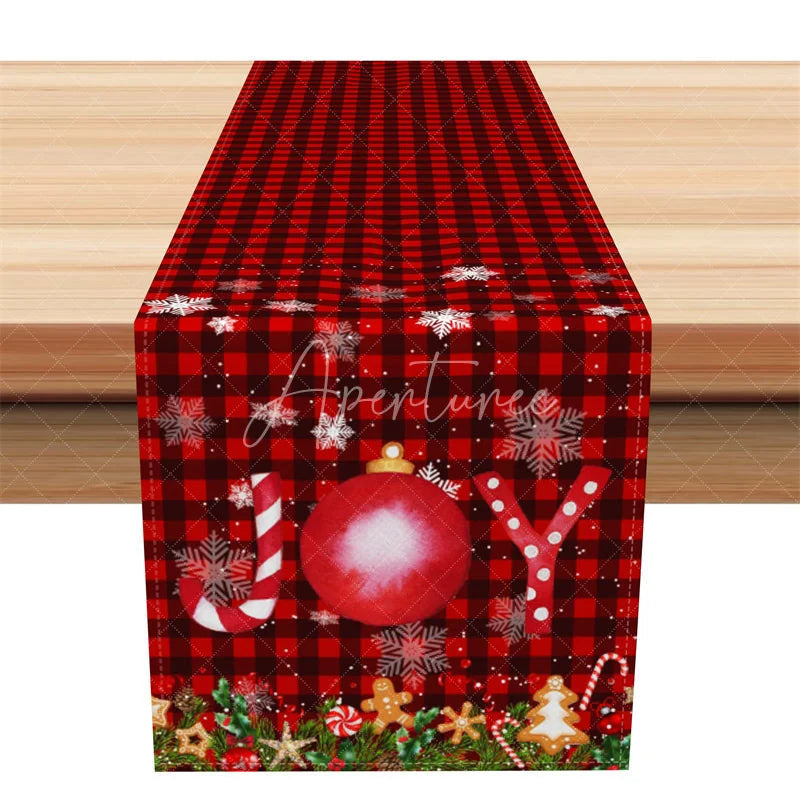 Aperturee - Aperturee Christmas Table Runner Red Buffalo Plaid Check Red Ornament Snowflake Farmhouse Holiday Table Decor