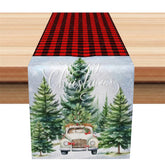 Aperturee - Aperturee Christmas Table Runner Red Buffalo Plaid Vintage Red Truck in Snowy Forest Farmhouse Table Decor