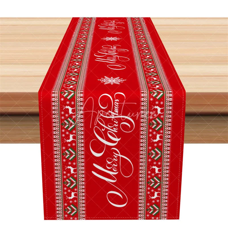 Aperturee - Aperturee Christmas Table Runner Red with Merry Christmas Script Reindeer Snowflake Border Holiday Table Decor
