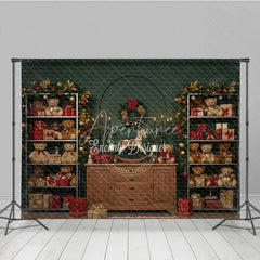 Aperturee - Aperturee Christmas Teddy Bear Toy Shop Photography Backdrop Vintage Cabinet with Garland Holiday Mini Session Background