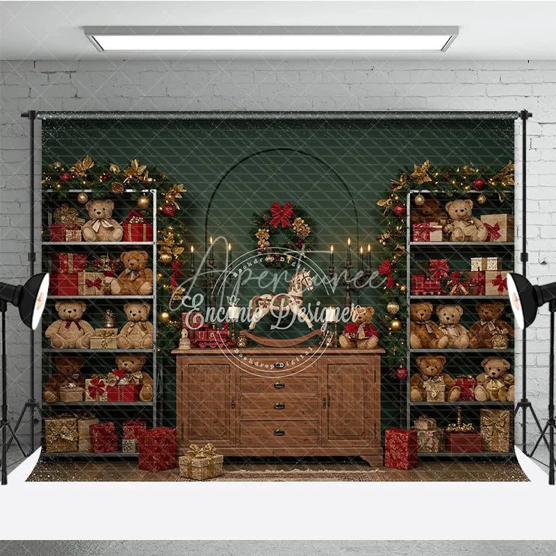 Aperturee - Aperturee Christmas Teddy Bear Toy Shop Photography Backdrop Vintage Cabinet with Garland Holiday Mini Session Background