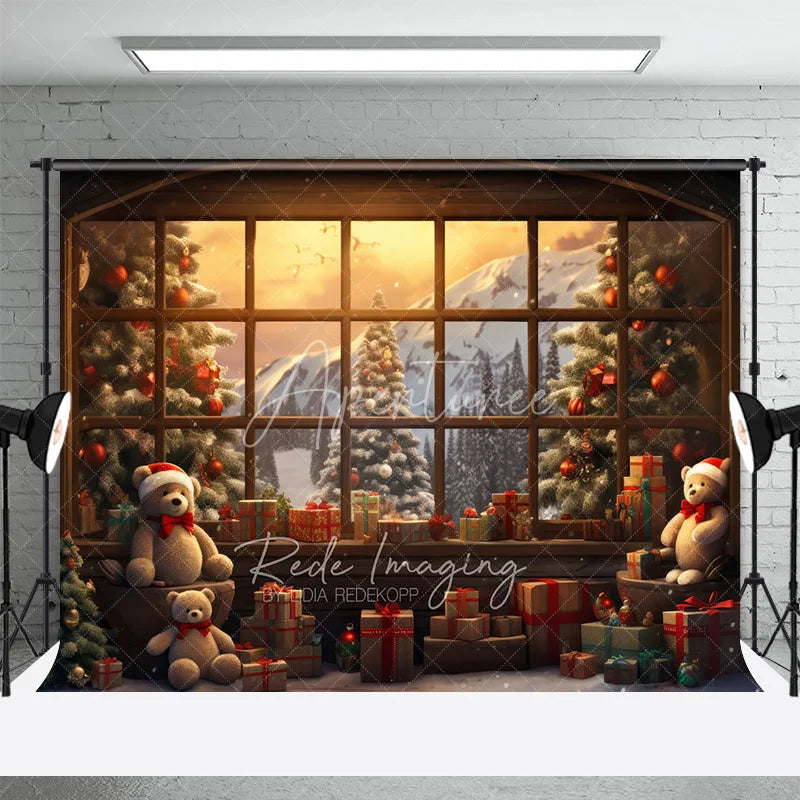 Aperturee - Aperturee Christmas Teddy Bear Window Room Set Backdrop Winter Cozy Cabin Snow Mountain Wood Floor Prop