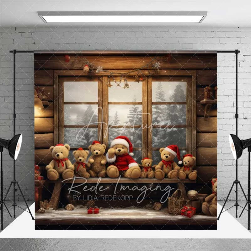 Aperturee - Aperturee Christmas Teddy Bear Window Room Set Backdrop Winter Cozy Cabin Snow Mountain Wood Floor Prop