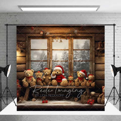 Aperturee - Aperturee Christmas Teddy Bear Window Room Set Backdrop Winter Cozy Cabin Snow Mountain Wood Floor Prop