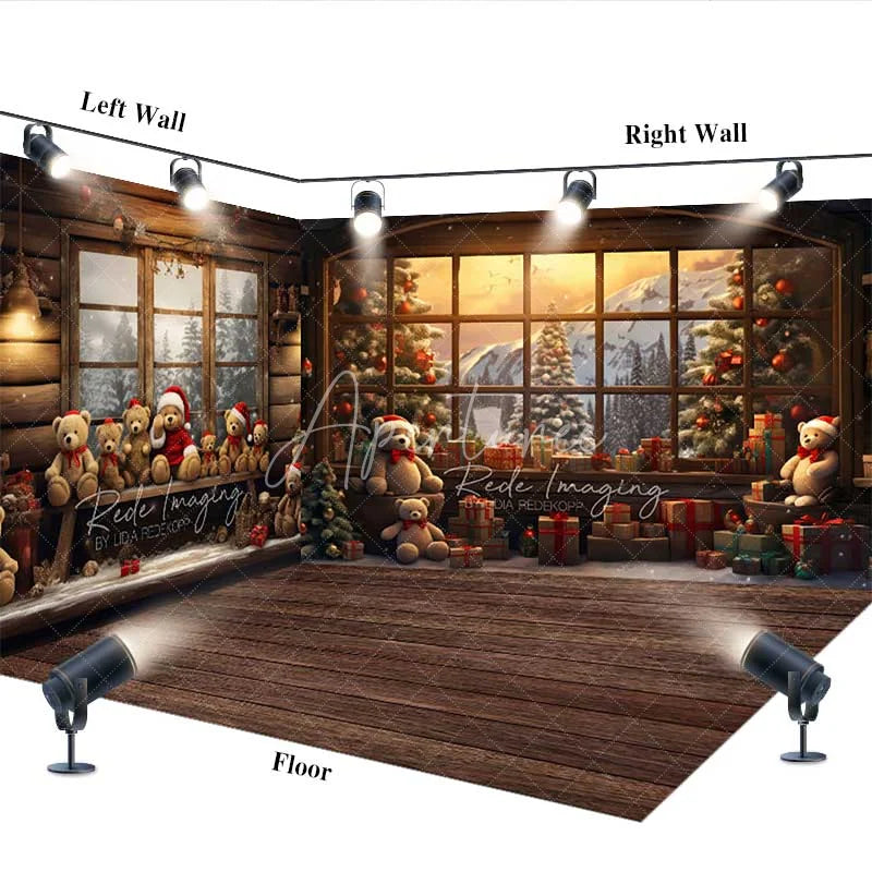 Aperturee - Aperturee Christmas Teddy Bear Window Room Set Backdrop Winter Cozy Cabin Snow Mountain Wood Floor Prop