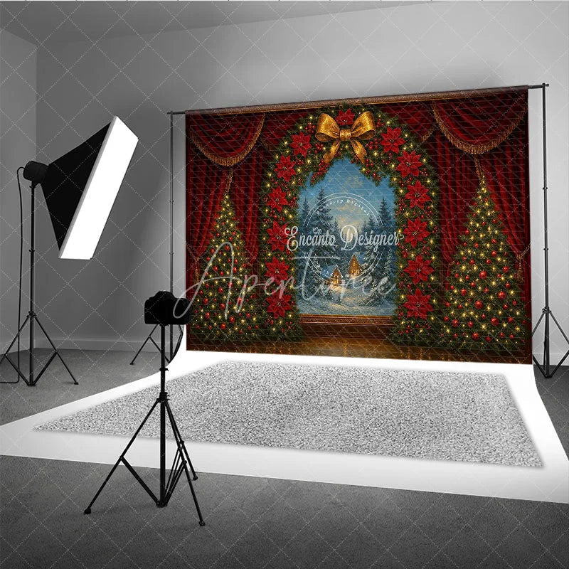 Aperturee - Aperturee Christmas Theater Stage Photography Backdrop Red Curtains with Poinsettia Wreath Holiday Performance Background