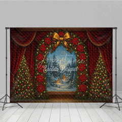 Aperturee - Aperturee Christmas Theater Stage Photography Backdrop Red Curtains with Poinsettia Wreath Holiday Performance Background