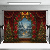 Aperturee - Aperturee Christmas Theater Stage Photography Backdrop Red Curtains with Poinsettia Wreath Holiday Performance Background