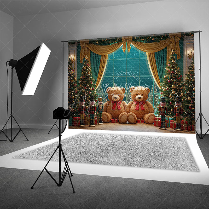 Aperturee - Aperturee Christmas Toy Room Photo Booth Backdrop Giant Teddy Bears and Nutcrackers Snowy Window Holiday Background