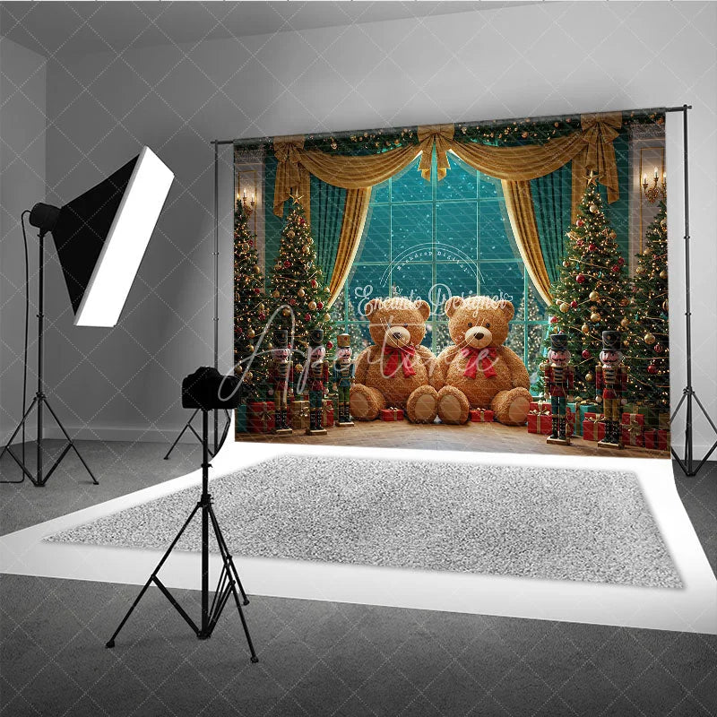 Aperturee - Aperturee Christmas Toy Room Photo Booth Backdrop Giant Teddy Bears and Nutcrackers Snowy Window Holiday Background