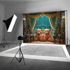 Aperturee - Aperturee Christmas Toy Room Photo Booth Backdrop Giant Teddy Bears and Nutcrackers Snowy Window Holiday Background
