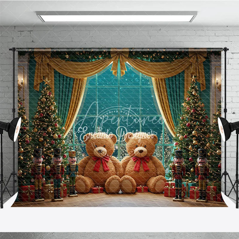 Aperturee - Aperturee Christmas Toy Room Photo Booth Backdrop Giant Teddy Bears and Nutcrackers Snowy Window Holiday Background