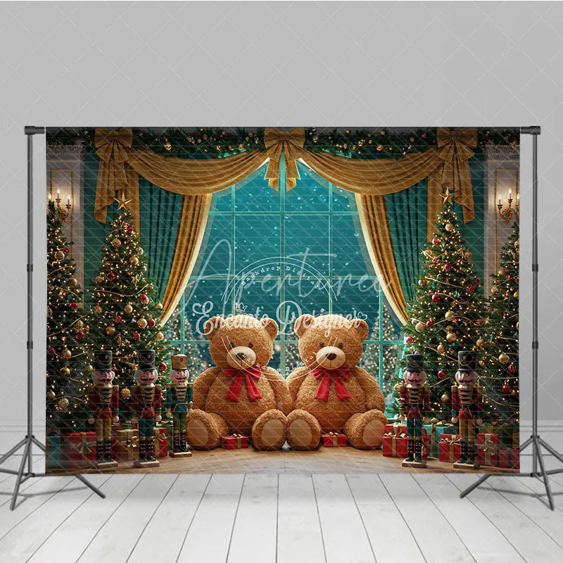 Aperturee - Aperturee Christmas Toy Room Photo Booth Backdrop Giant Teddy Bears and Nutcrackers Snowy Window Holiday Background