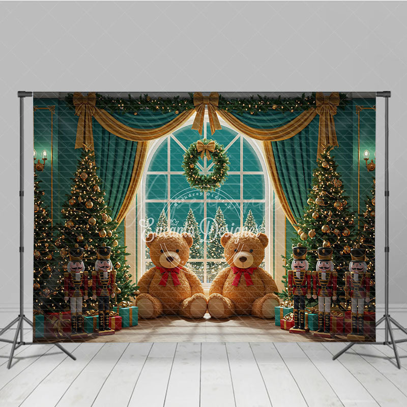 Aperturee - Aperturee Christmas Toy Room Photography Backdrop Giant Teddy Bears and Nutcrackers Snowy Window Holiday Background