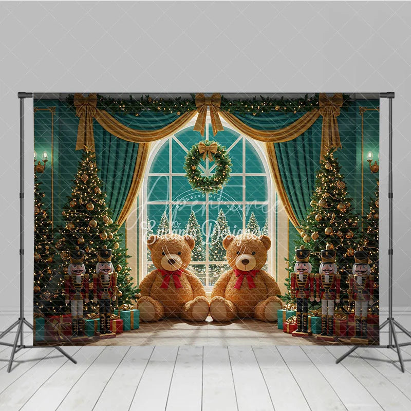 Aperturee - Aperturee Christmas Toy Room Photography Backdrop Giant Teddy Bears and Nutcrackers Snowy Window Holiday Background