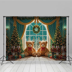 Aperturee - Aperturee Christmas Toy Room Photography Backdrop Giant Teddy Bears and Nutcrackers Snowy Window Holiday Background