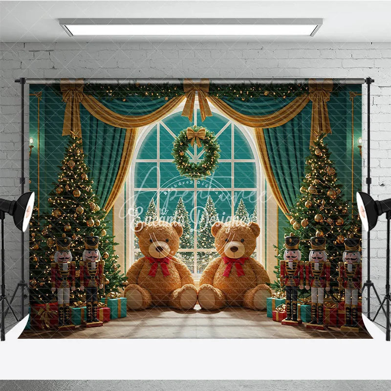 Aperturee - Aperturee Christmas Toy Room Photography Backdrop Giant Teddy Bears and Nutcrackers Snowy Window Holiday Background