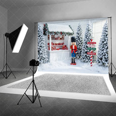 Aperturee - Aperturee Christmas Toy Shop Backdrop Nutcracker Soldier Photography Background Winter Snow Santa Workshop Holiday Party