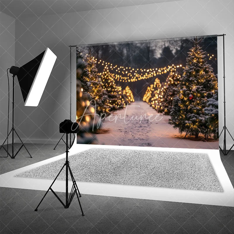 Aperturee - Aperturee Christmas Tree Farm Backdrop Winter Snow String Lights Photography Background Night Outdoor Forest Holiday Party