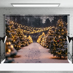 Aperturee - Aperturee Christmas Tree Farm Backdrop Winter Snow String Lights Photography Background Night Outdoor Forest Holiday Party