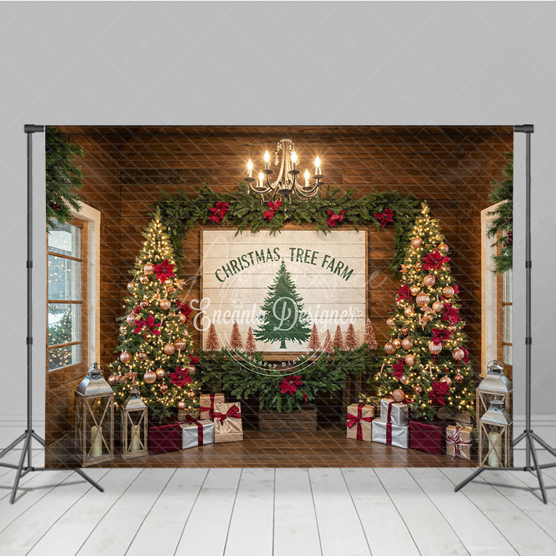 Aperturee - Aperturee Christmas Tree Farm Photography Backdrop Rustic Wood Sign with Poinsettia Farmhouse Holiday Background