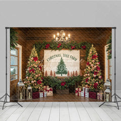 Aperturee - Aperturee Christmas Tree Farm Photography Backdrop Rustic Wood Sign with Poinsettia Farmhouse Holiday Background