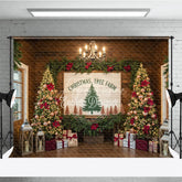 Aperturee - Aperturee Christmas Tree Farm Photography Backdrop Rustic Wood Sign with Poinsettia Farmhouse Holiday Background