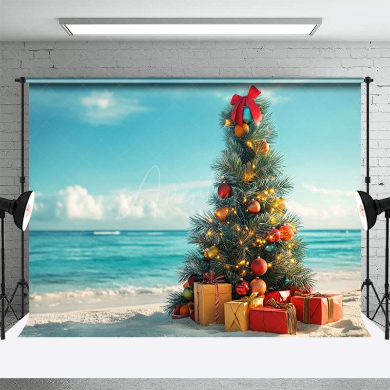 Aperturee - Aperturee Christmas Tree Gifts Blue Sky Ocean Holiday Backdrop