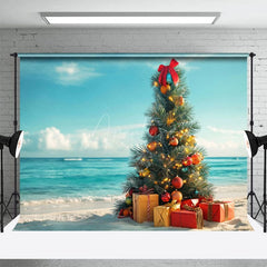 Aperturee - Aperturee Christmas Tree Gifts Blue Sky Ocean Holiday Backdrop
