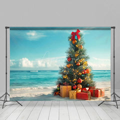 Aperturee - Aperturee Christmas Tree Gifts Blue Sky Ocean Holiday Backdrop